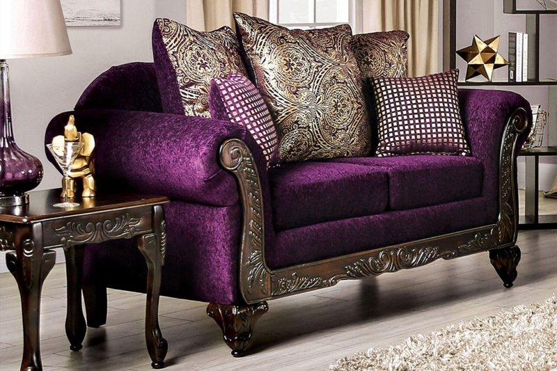 Loveseat Intricate Wood Scrolling Traditional Velvet Look