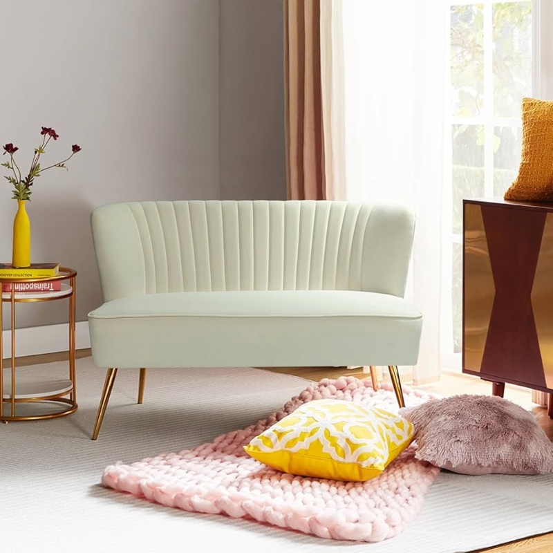 Loveseat Ivory Velvet Armless Vertical Channel Tufted Gold Legs