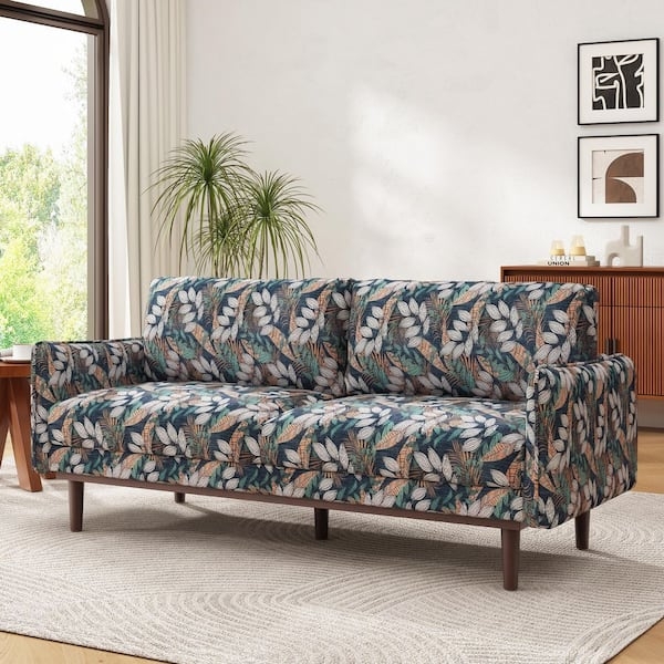 Loveseat Leaf Print Fabric, Tapered Wood Legs, Mid Century Botanical.