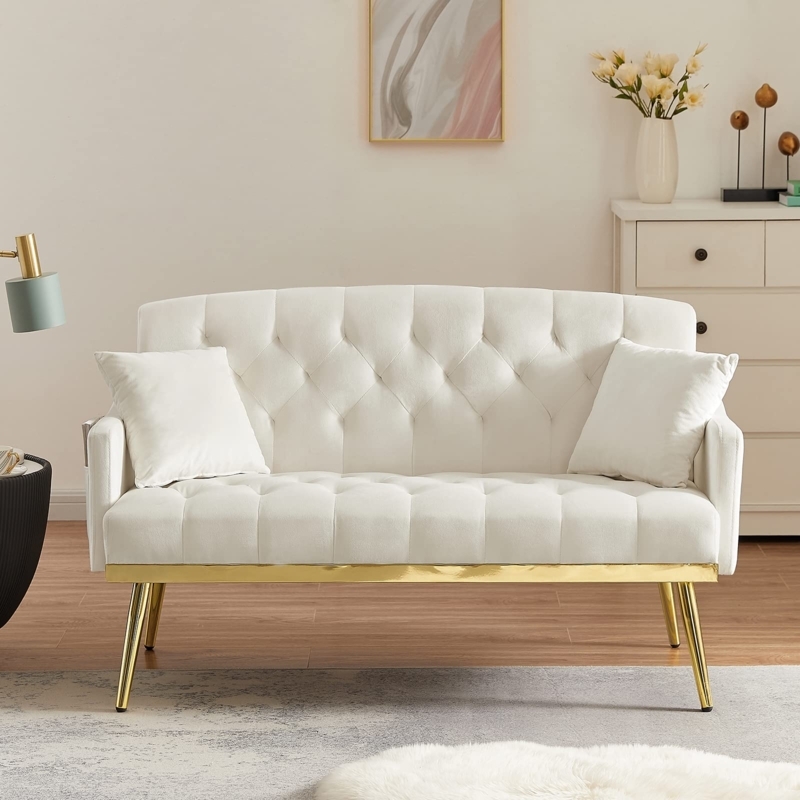 Loveseat Light Beige Velvet Diamond Tufted Side Pocket Gold Base