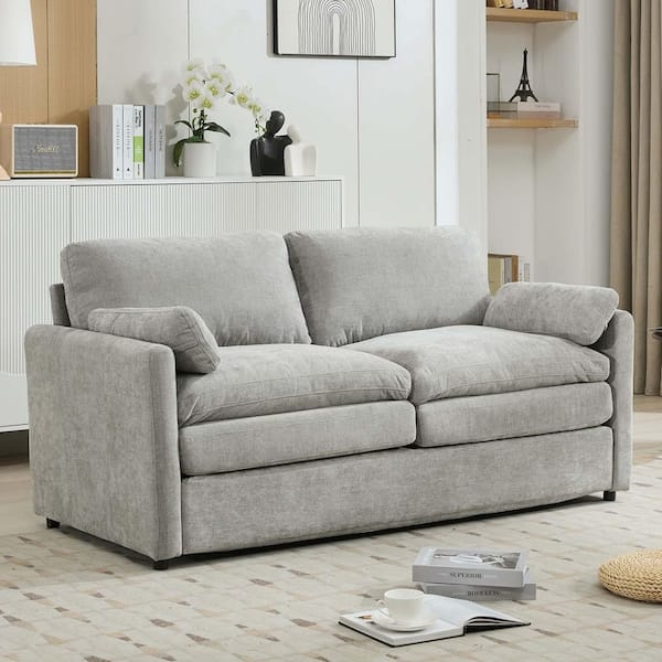 Loveseat Light Grey Chenille Texture Square Arms Modern Compact Sofa