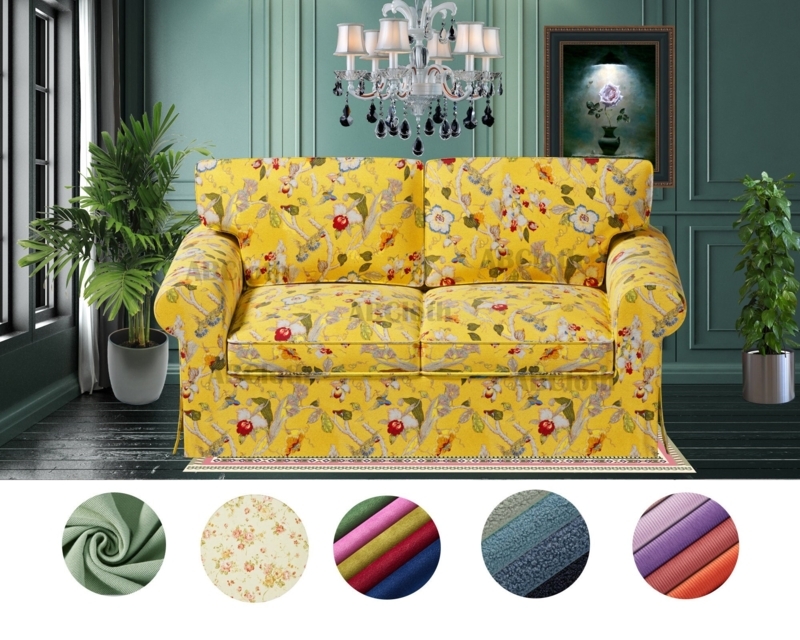 Loveseat Maximalist Yellow Floral Print Rolled Arms Skirted