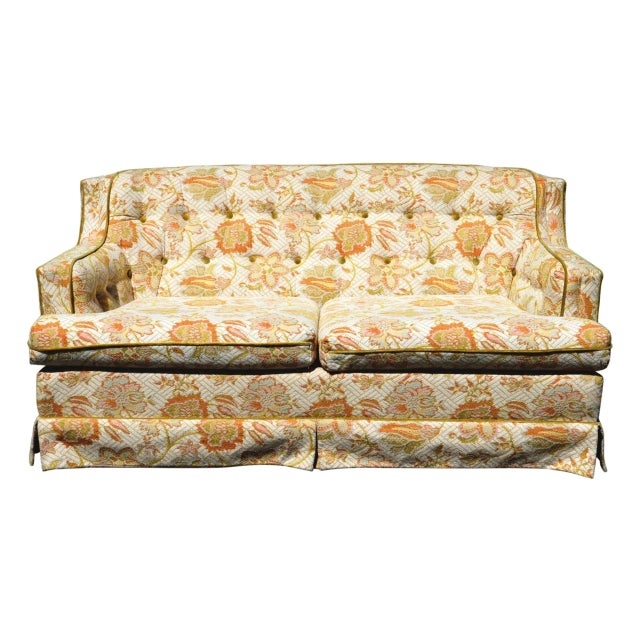 Loveseat Mid Century Button Tufted Orange Floral Skirted