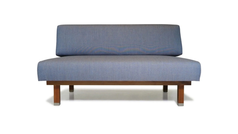 Loveseat Mid-Century Settee Tapered Wood Legs Blue Woven Fabric