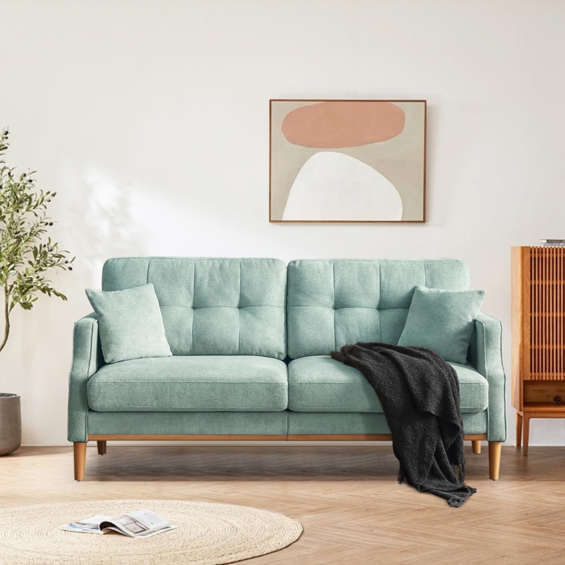 Loveseat Mint Green Fabric Button Tufted Back Tapered Wood Legs