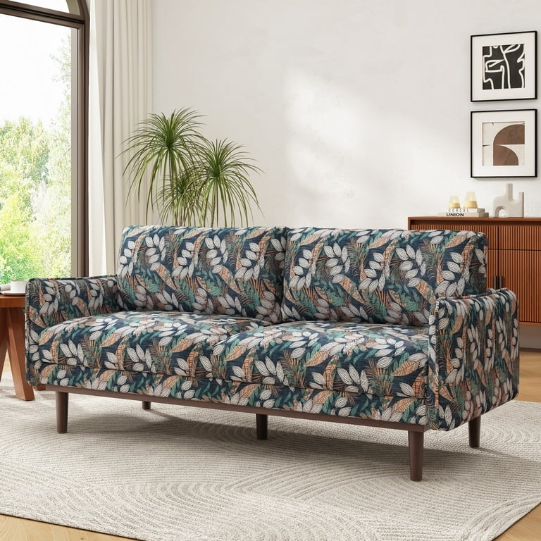 Loveseat Modern Botanical Leaf Print Green Tapered Wood Legs