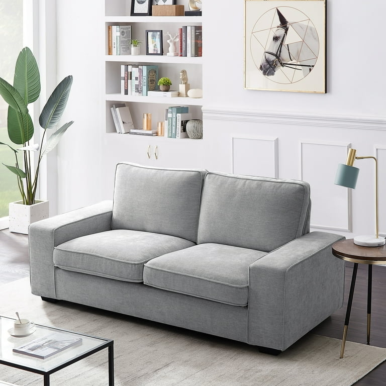 Loveseat Modern Light Grey Chenille Texture Track Arms Block Feet (69)
