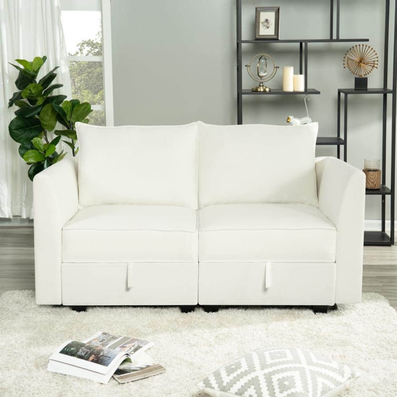 Loveseat Modular Linen Upholstery Pull Out Tabs Square Arms