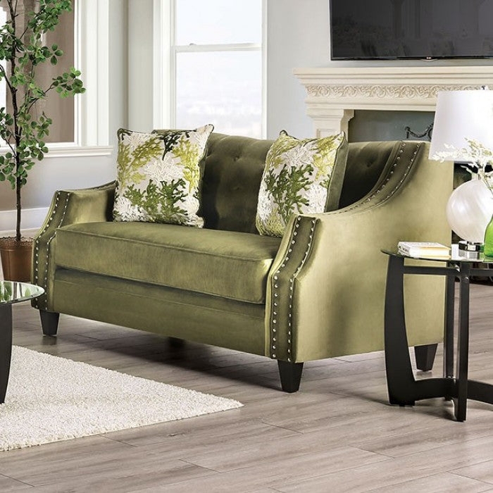 Loveseat Moss Green Velvet Nailhead Trim Button Tufted Sloped Arms