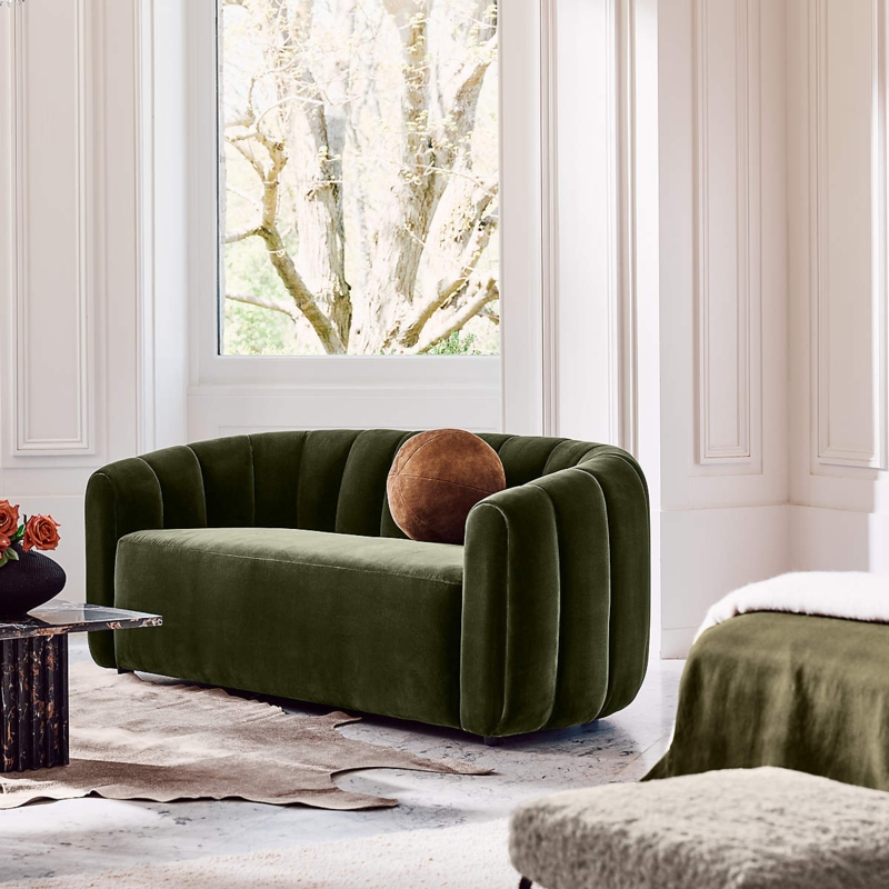 Loveseat Olive Green Velvet Vertical Channeling Curved Silhouette