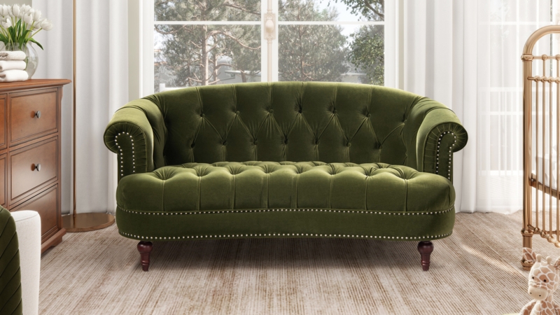 Loveseat Olive Green Velvet Victorian Chesterfield Turned Legs Tufted