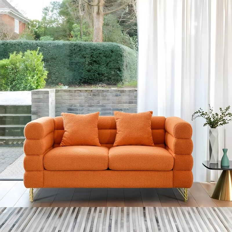 Loveseat Orange Teddy Fabric Channel Tufted Arms Gold Tapered Legs