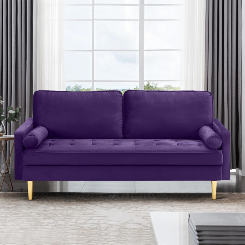 Loveseat Purple Velvet Tufted Seat Gold Legs Bolster Pillows