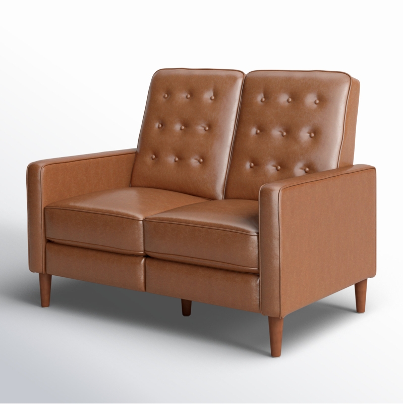 Loveseat Recliner Brown Leather-Like Button Tufted, Mid-Century Two Seater