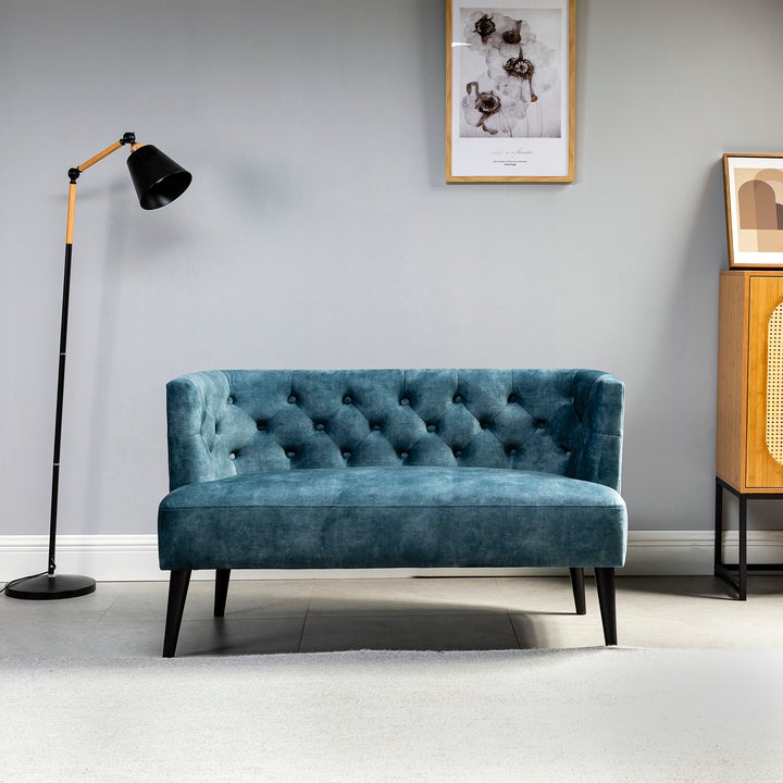 Loveseat, Royal Blue Velvet Tufted Back with Metallic Caps