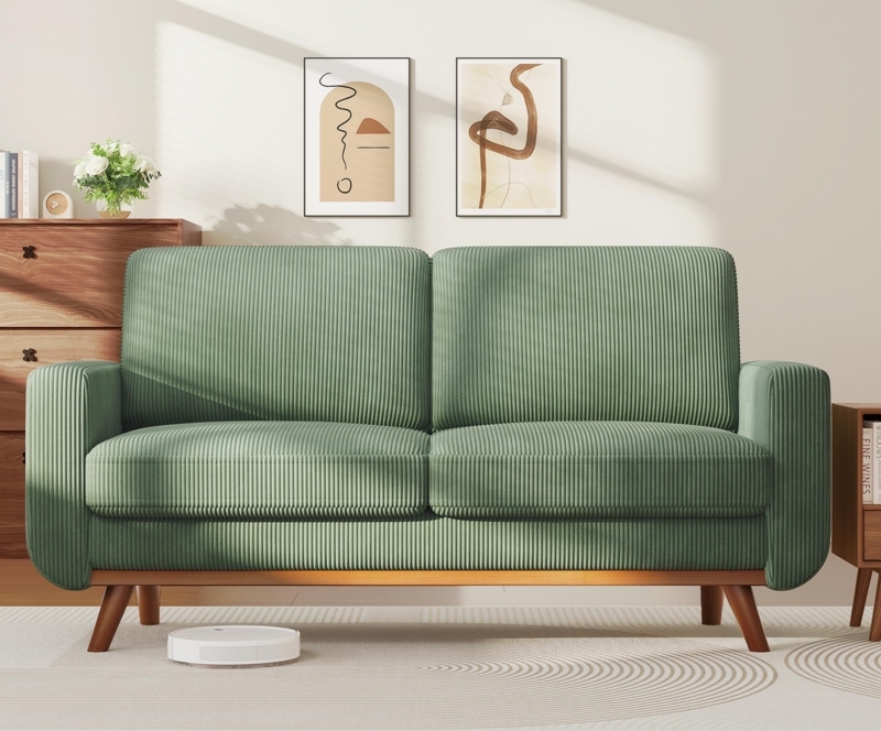 Loveseat Sage Green Corduroy Wood Tapered Legs Mid Century Style