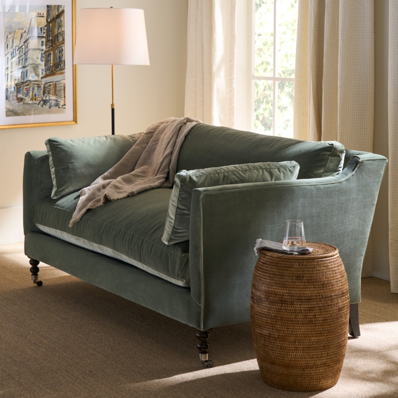 Loveseat Sage Green Velvet Rolled Arms Front Casters Transitional