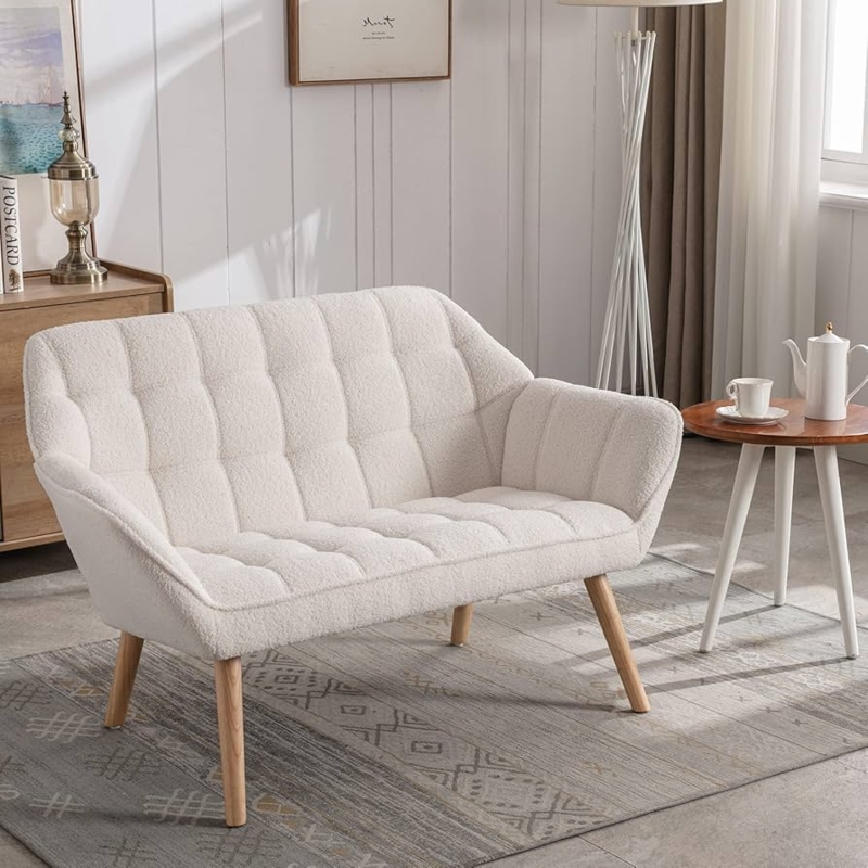 Loveseat Sherpa Texture Wood Legs Cozy Small Space Seating