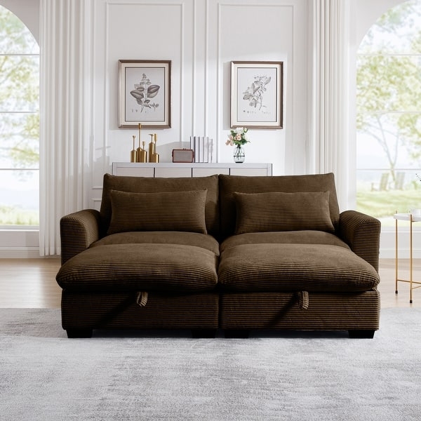 Loveseat Sofa Brown Ribbed Corduroy Pull Tab Feature Oversized