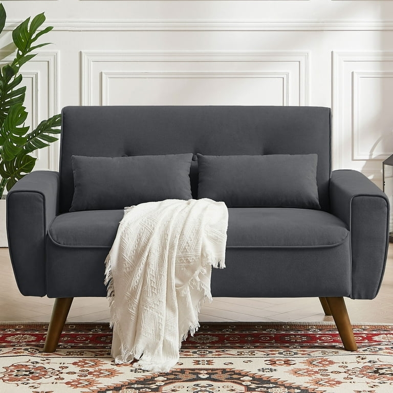 Loveseat Sofa Dark Grey Button Tufted Tapered Legs Mid Century Style
