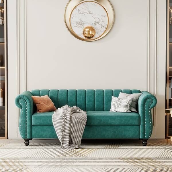 Loveseat Teal Velvet Channel Tufted Rolled Arms Silver Nailhead Trim