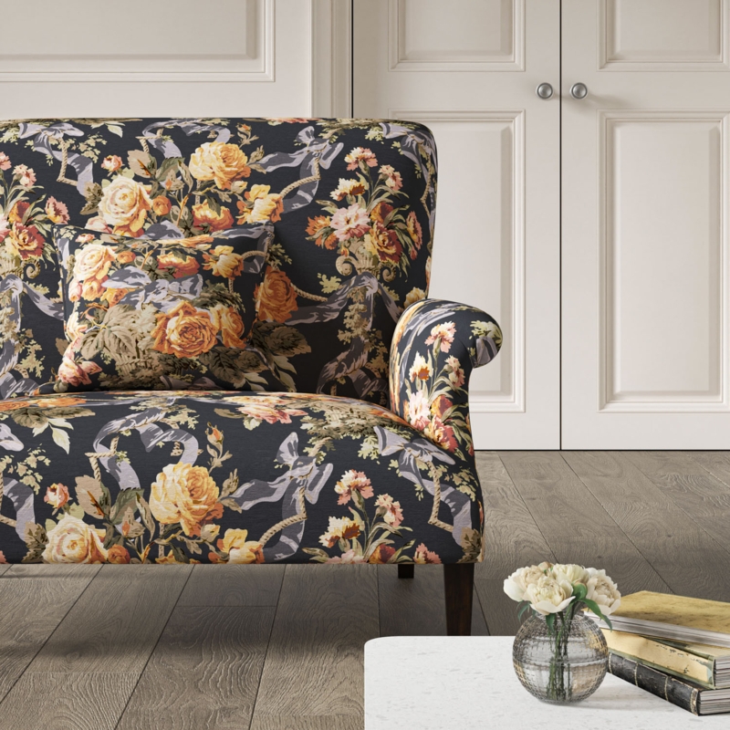 Loveseat Traditional Rolled Arm Navy Oversized Yellow Roses