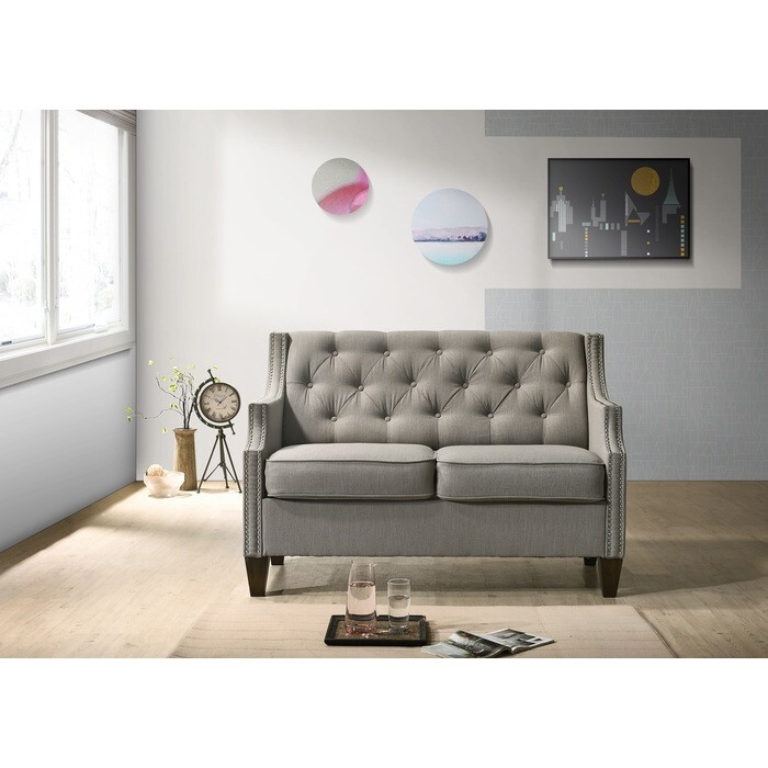 Loveseat Transitional Gray Upholstered Button Tufted Back