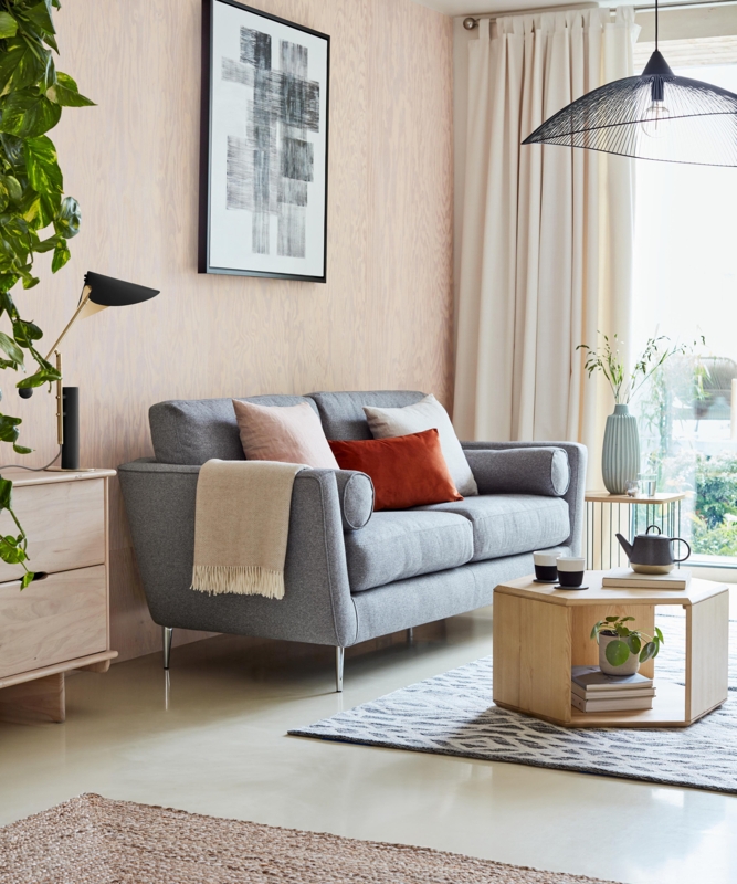 Loveseat Upholstered Hexagonal Wood Coffee Table Pink Wall