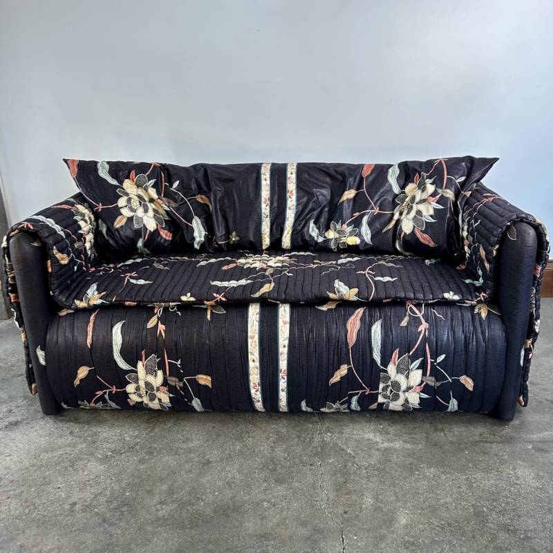 Loveseat Vintage Floral Navy with Quilted Channeling