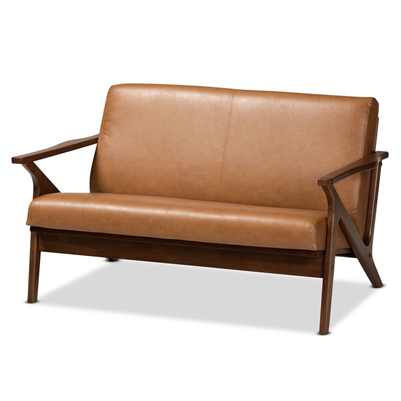 Loveseat Walnut Finished Frame Tan Faux Leather Button Tufted Retro