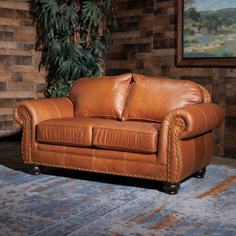 Loveseat Whiskey Tan Leather Nailhead Trim Rolled Arms Rustic