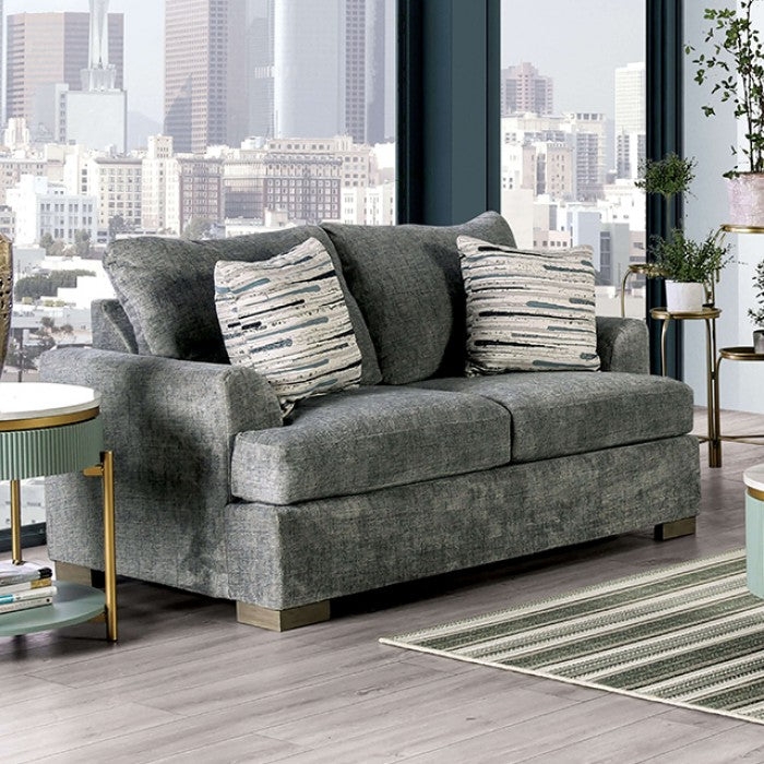 Loveseat with Abstract Striped Pillows and Metallic Block Legs