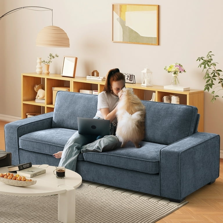 Loveseat with Boxy Silhouette and Denim Upholstery