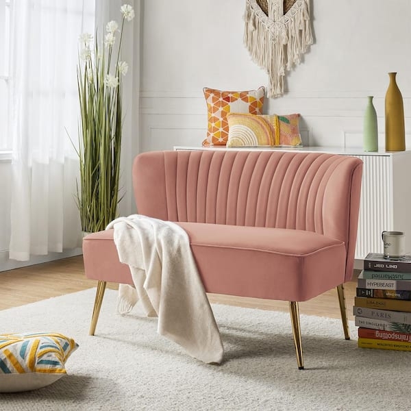 Loveseat with Channel Tufting and Gold Legs in Pink Velvet