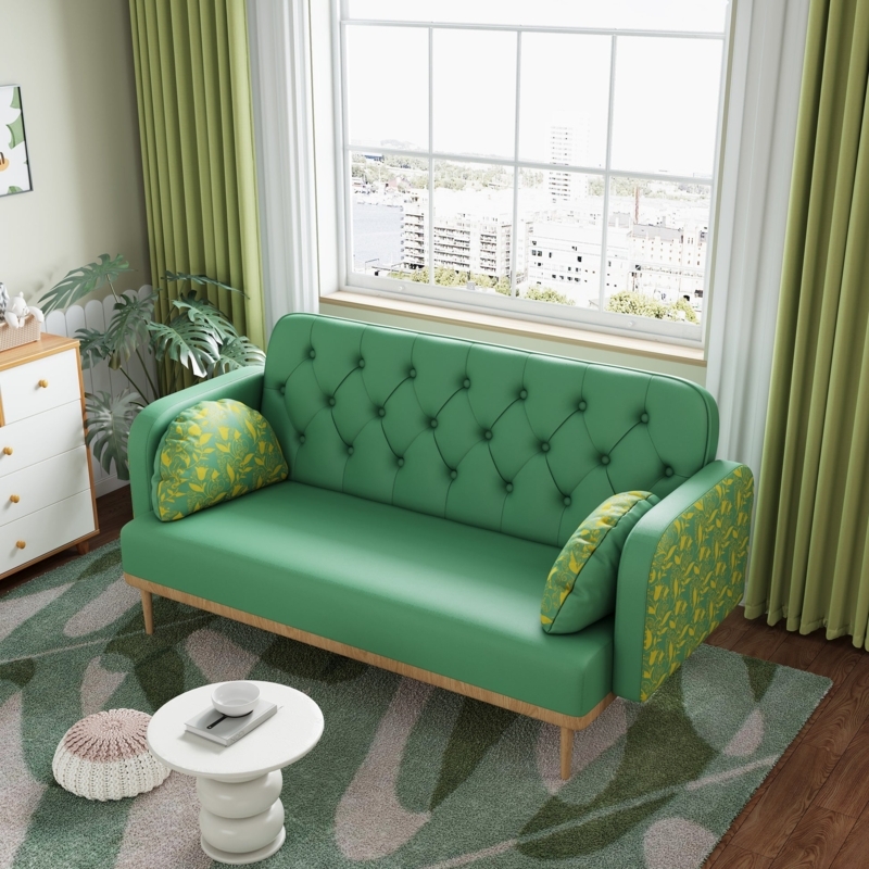 Loveseat with Crescent Pillows, Green Tulip Pattern, Tufted Contemporary.