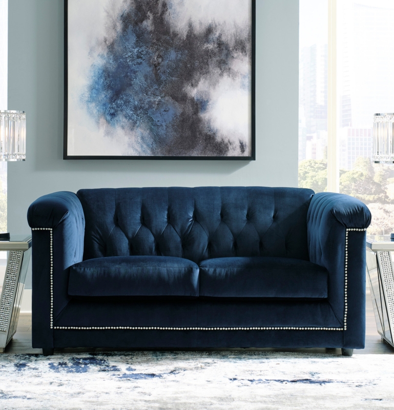 Loveseat with Deep Button Tufting and Silver Nailhead Trim