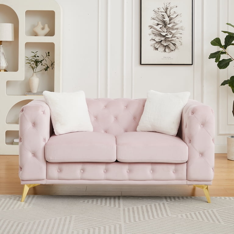 Loveseat with Diamond Tufted Arms and Gold Tapered Legs in Pink Velvet