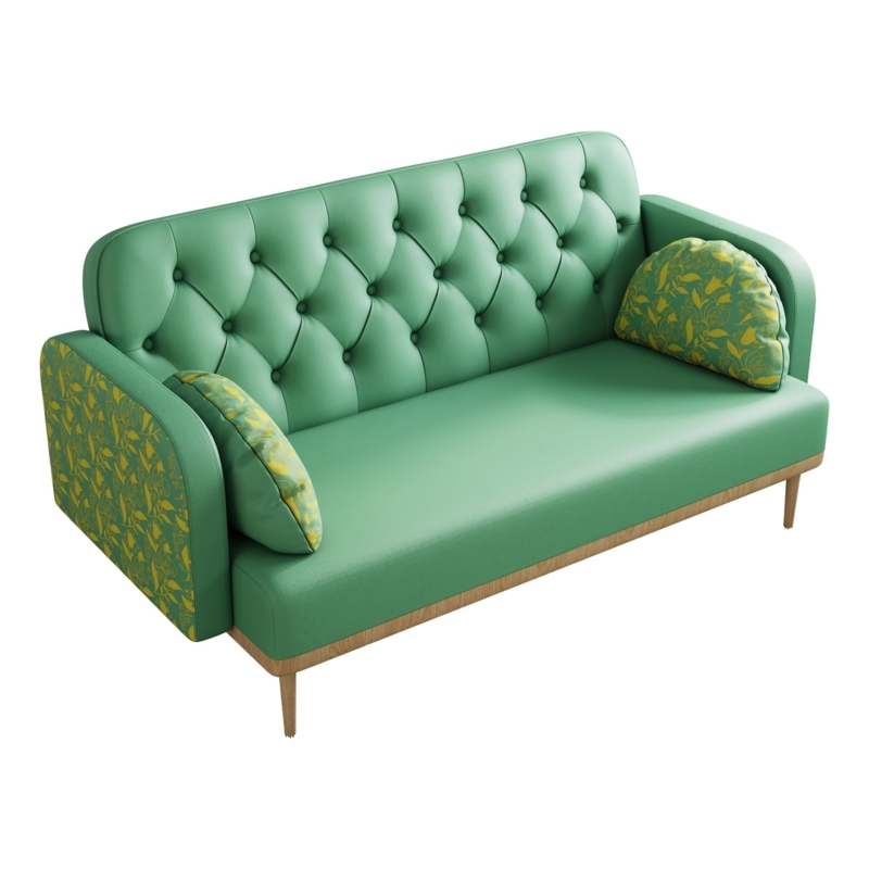 Loveseat with Floral Side Panels, Sage Green Button Tufted, Mid-Century.