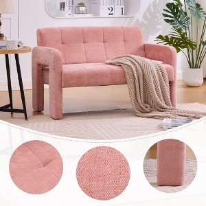 Loveseat with Integrated Block Frame and Pink Chenille Texture