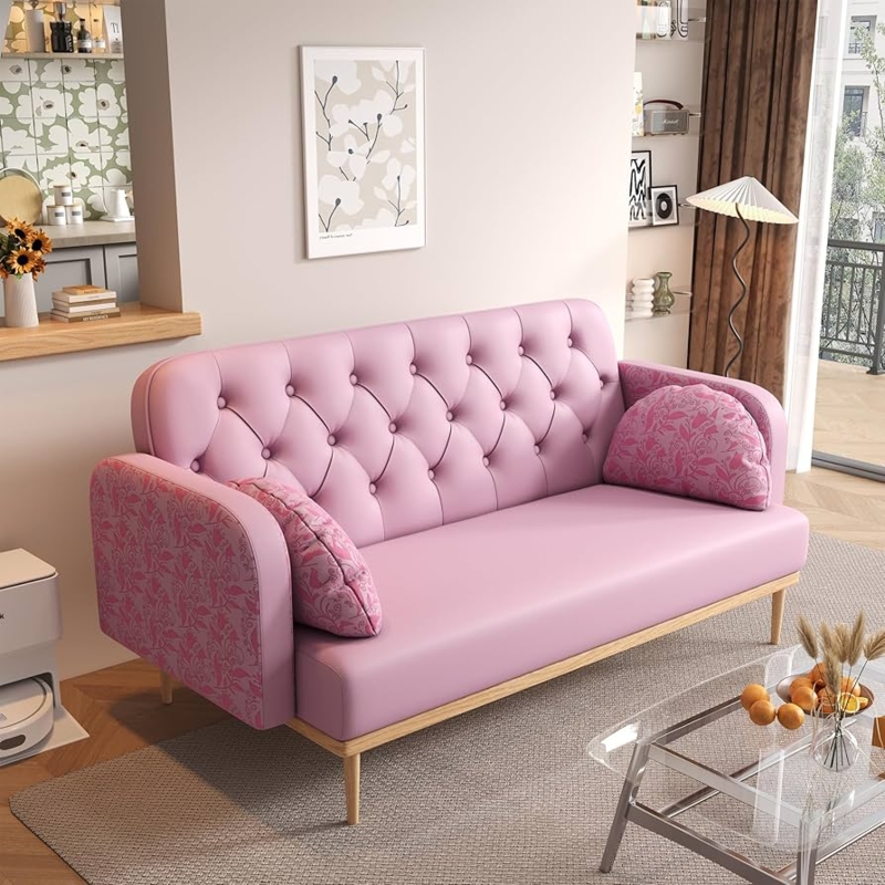Loveseat with Patterned Arms, Mauve Pink Diamond Tufting, Glam Style.
