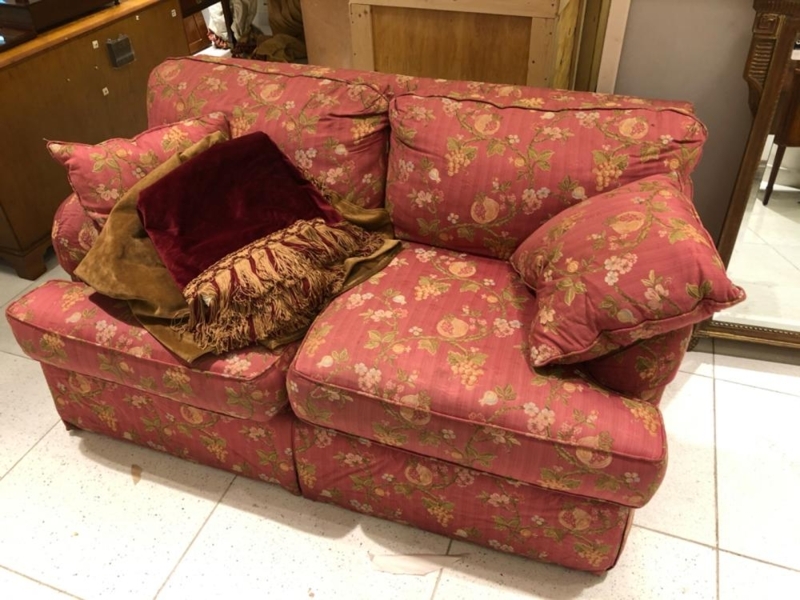 Loveseat with Red Botanical Floral Print and Distinctive Bullion Fringe