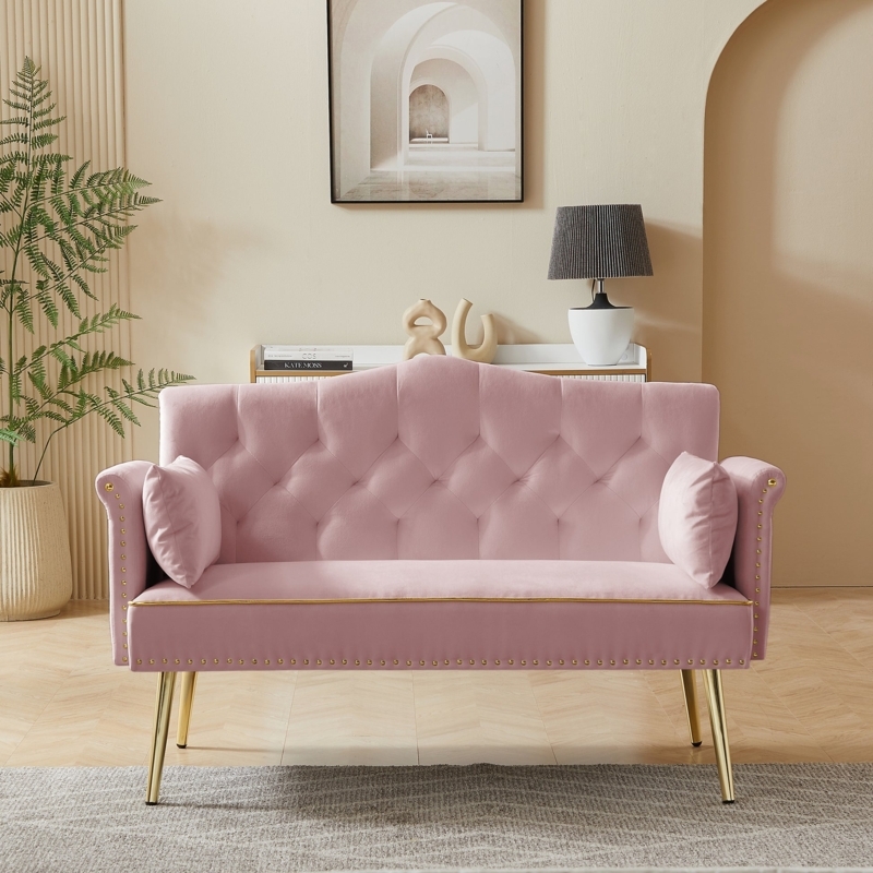 Loveseat with Scalloped Back and Gold Nailhead Trim in Pink Velvet