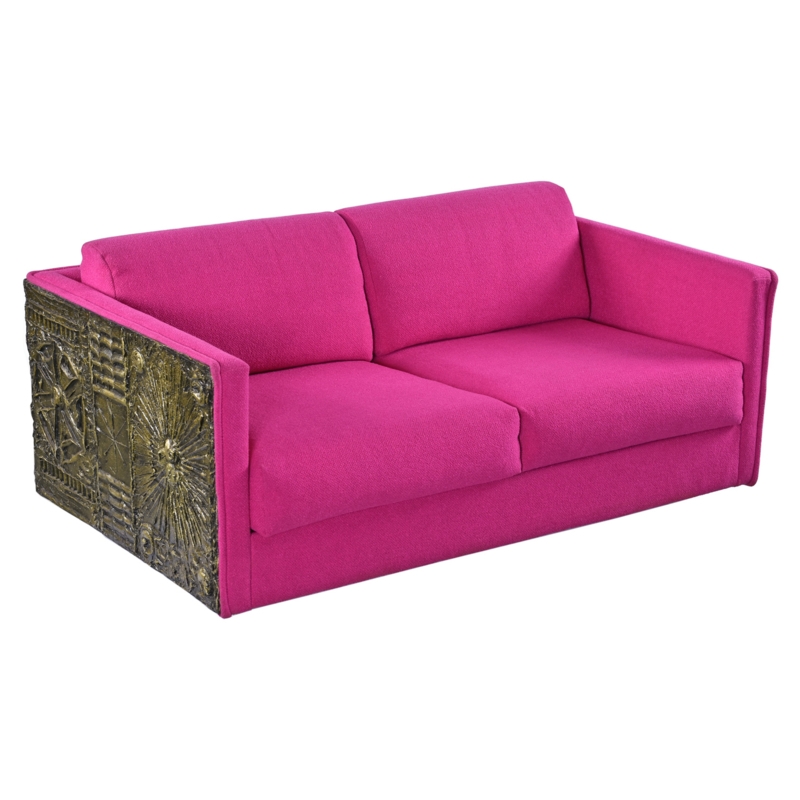 Loveseat with Sculpted Resin Sides in Vibrant Fuchsia and Brutalist Aesthetic