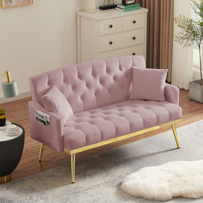 Loveseat with Side Storage Pocket and Diamond Tufting on Gold Base Frame