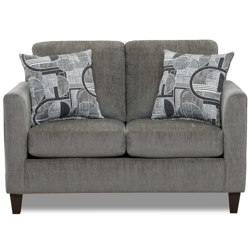 Loveseat with Thick Block Arms, Geometric Pillows, Charcoal Fabric.