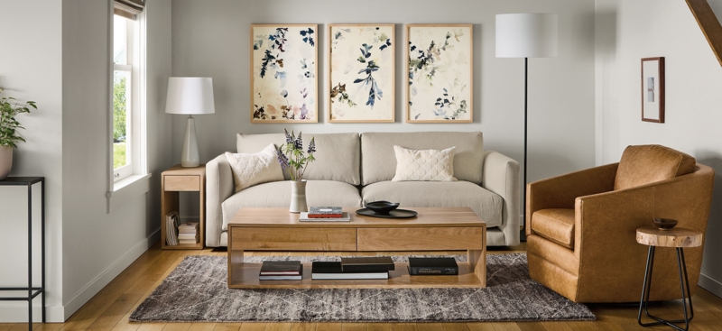 Loveseat with Track Arms and Tan Upholstery for Small Spaces