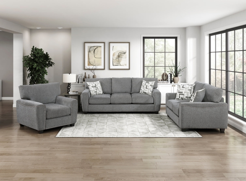 Loveseat with Track Arms in Dark Gray Fabric Contemporary Style