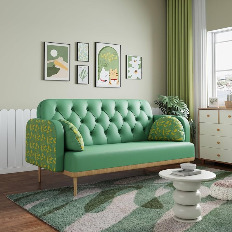 Loveseat with Tulip Pattern Sides, Green Button Tufted, Mid-Century.