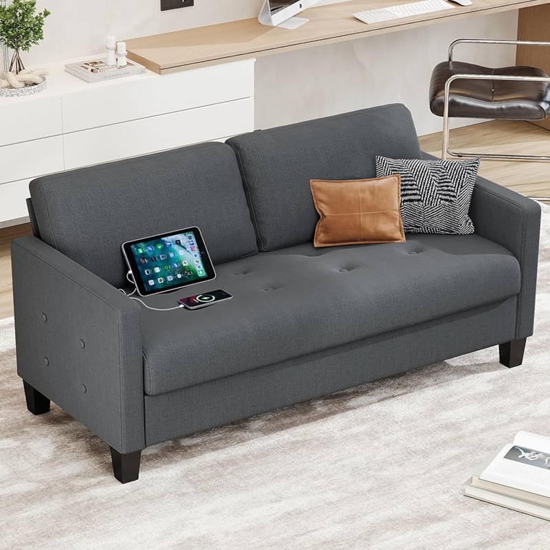 Loveseat with USB Ports Dark Grey Tufted Seat Small Space (64)