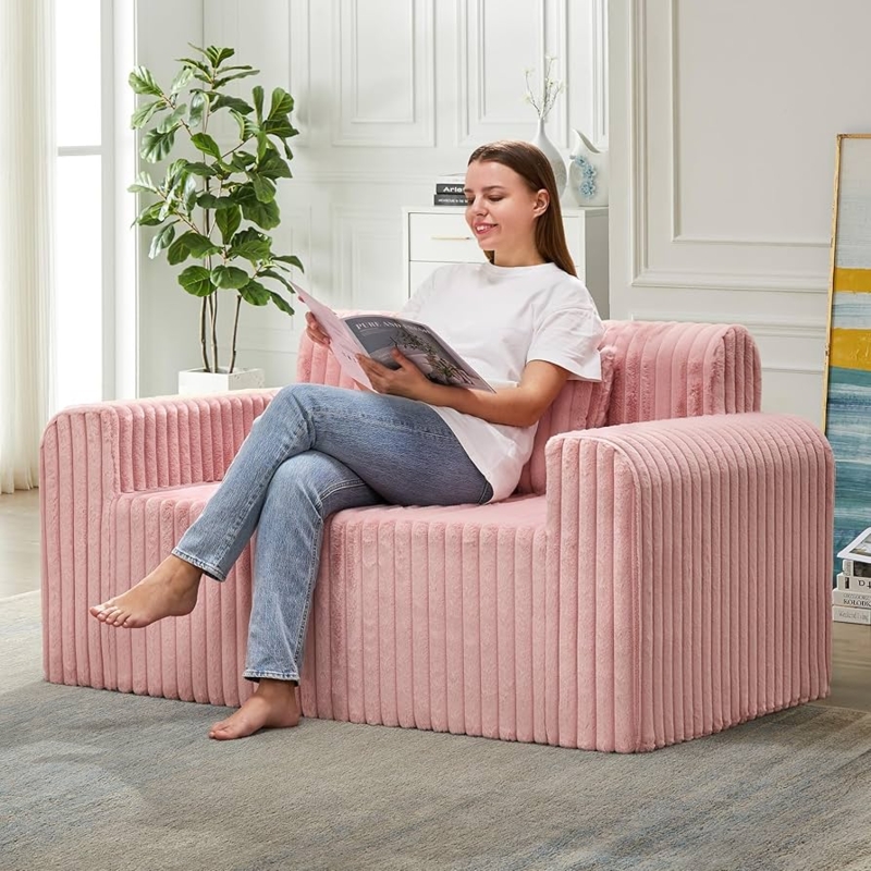 Loveseat with Wide Blocky Arms and Vertical Ribbed Texture in Vibrant Rose
